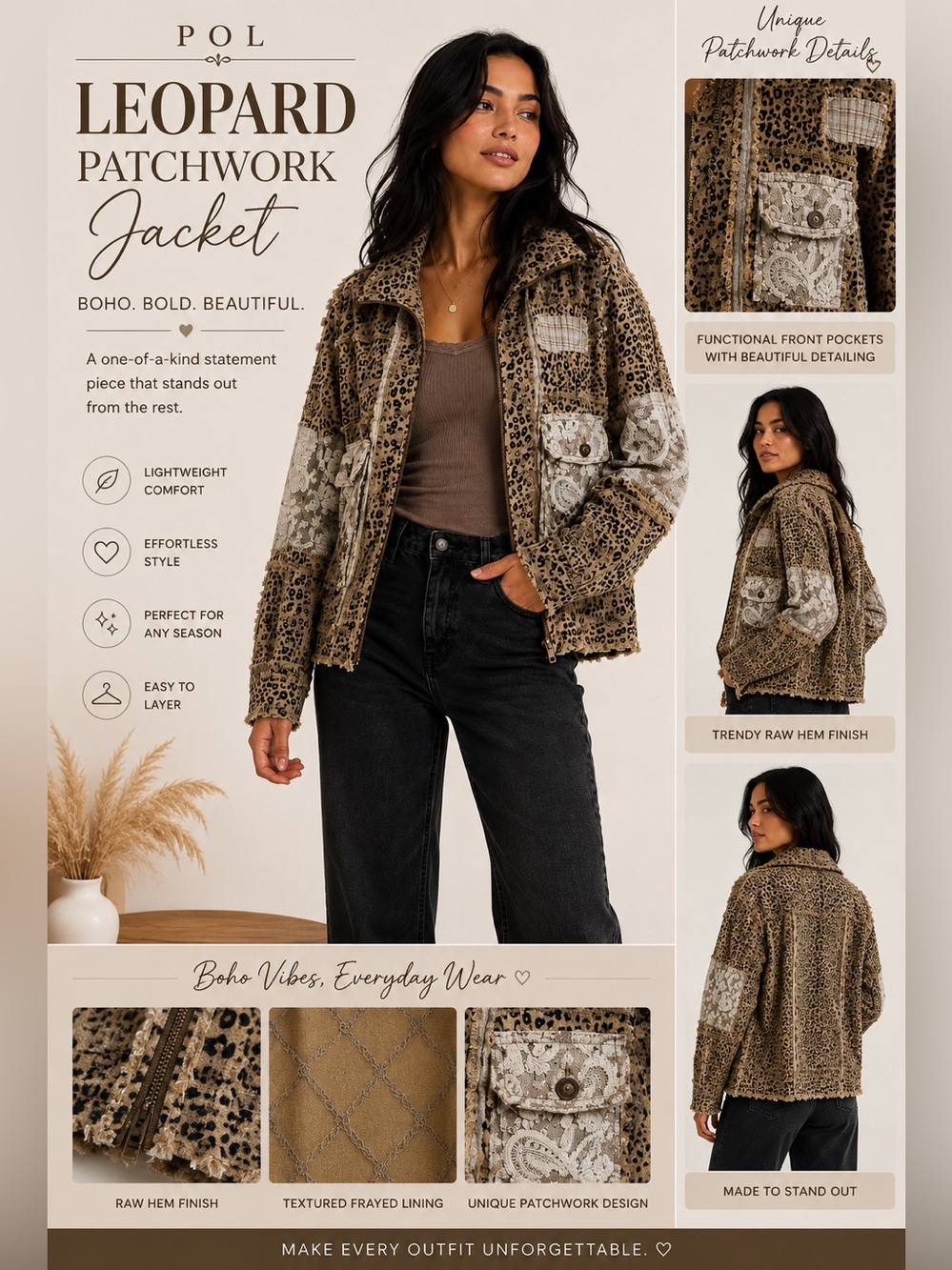 POL Leopard and Paisley Lace Mixed Panel Bomber Jacket Tan & Black Large